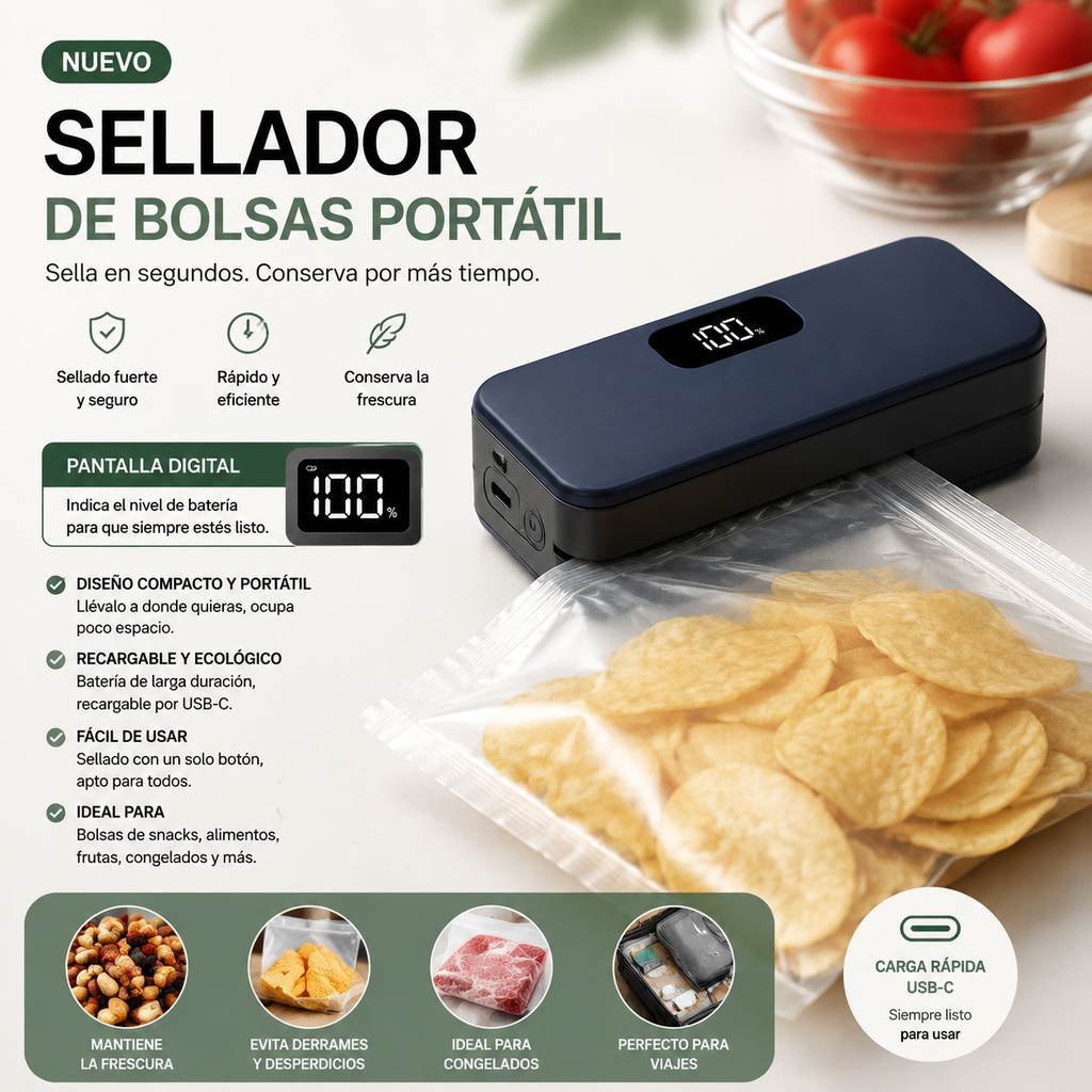 Sellador de Bolsas Portátil con Pantalla Digital – Sellado Rápido y Preciso